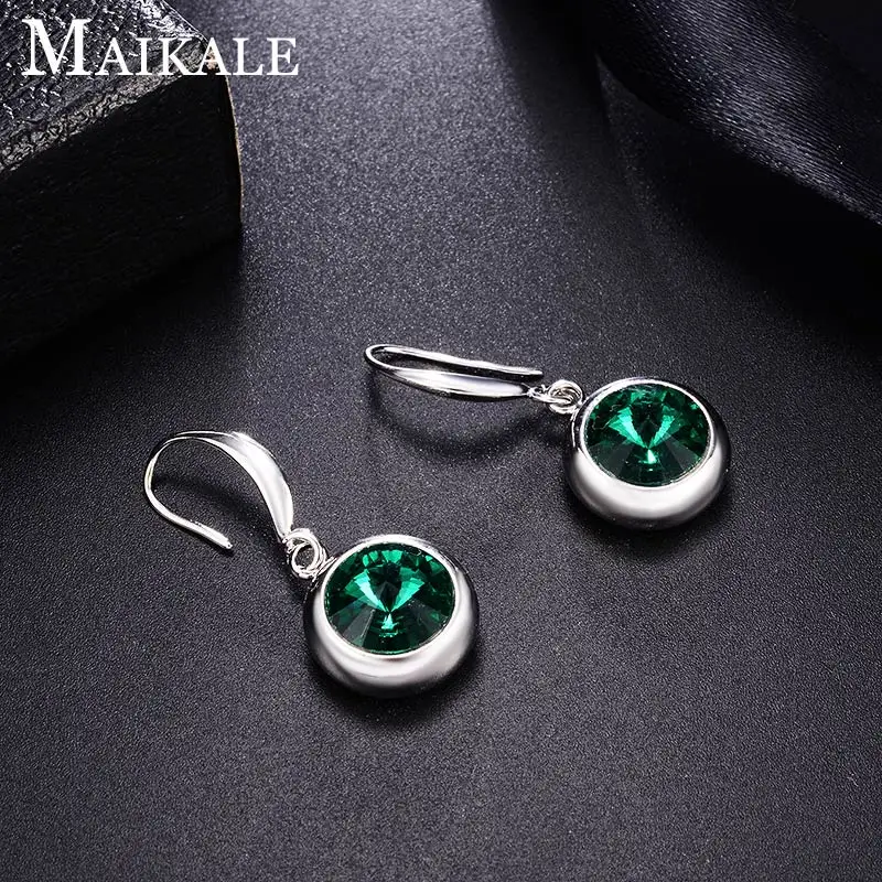 15-silver-green Женские разноцветные серьги MAIKALE, круглые модные серьги-подвески с крючком с золотистым/серебристым покрытием и фианитом для подарка - Окраска металла: 15-silver-green