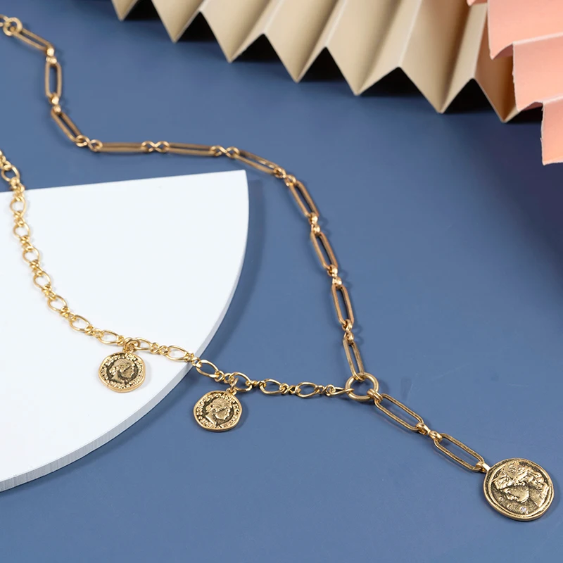 

Carved Coin Pendant Necklace For Women Jewelry Stainless Steel Gold Color Medallion Long Choker Geometric Round Pendant
