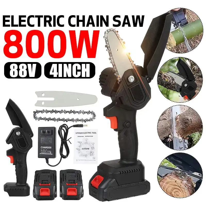 

800W 4 Inch 88V Electric Pruning Saw Woodworking Electric Saw Garden Logging Mini Electric Chain Saw With 2Pcs Lithium Battery