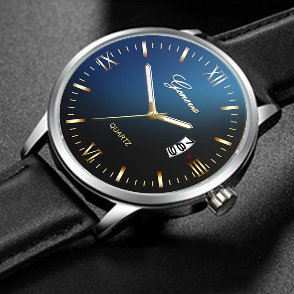 GENEVA мужские часы тонкий кожаный ремешок спортивные с календарем модные Топ бренд