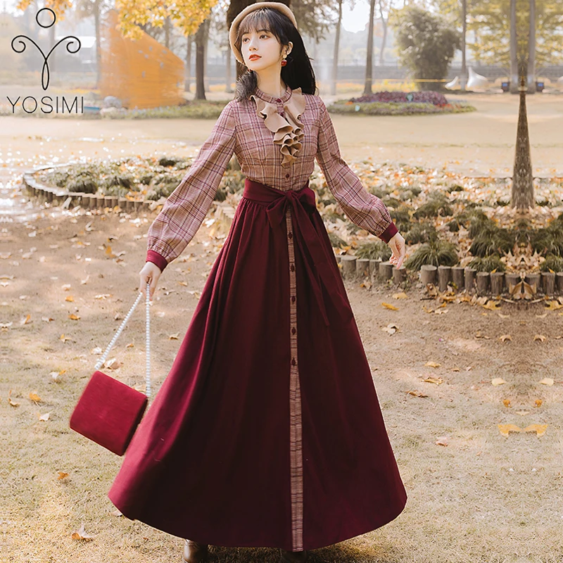 YOSIMI 2019 зимняя винтажная клетчатая длинное женское платье с длинным рукавом