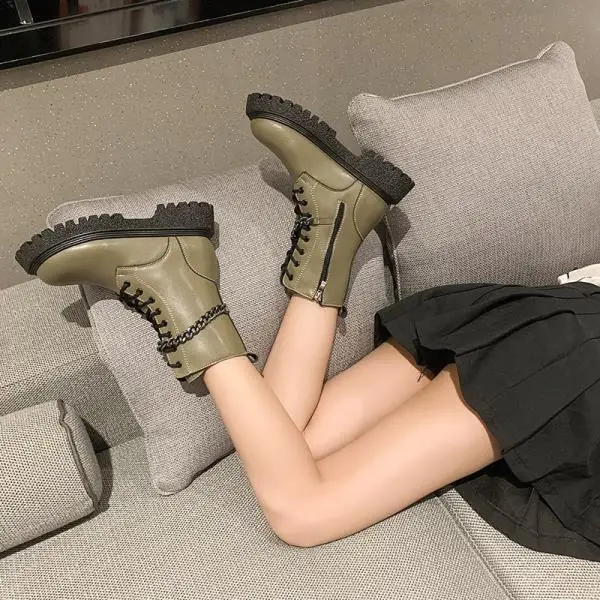 

Shoes Sneakers Superstar Women's Heels Fashion 2021 Autumn Lace-Up Fabric Ankle Basic PU Motorcycle boots Solid Rubber Med Cross