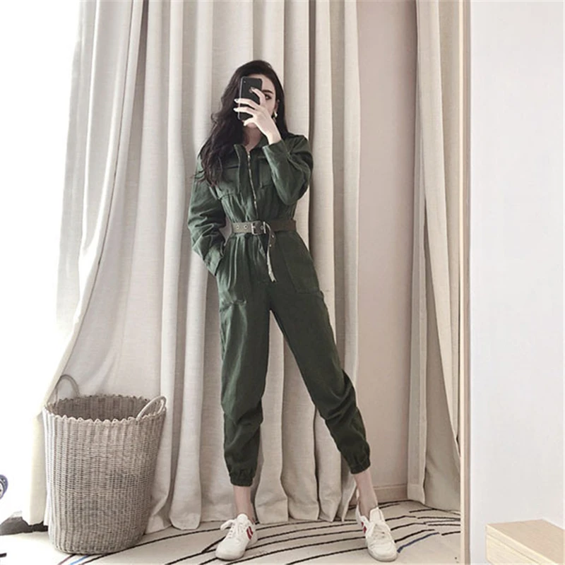 Женский джинсовый комбинезон с длинным рукавом поясом|Женские комбинезоны| |