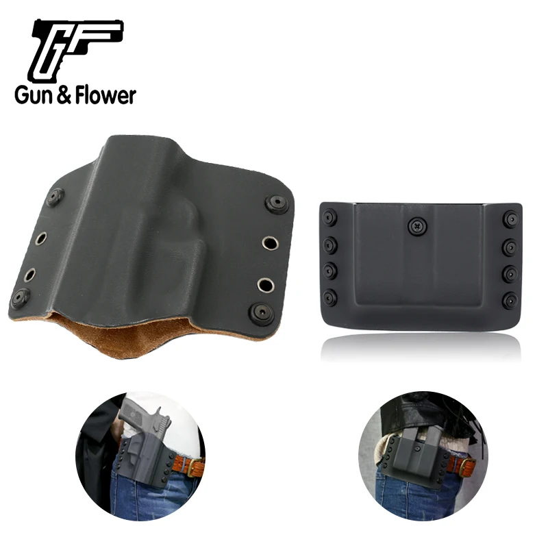 

Gun&Flower Glock 19/23/32 OWB Concealment Kydex Holsters Lined Leather Double Magazine Pouches Covers