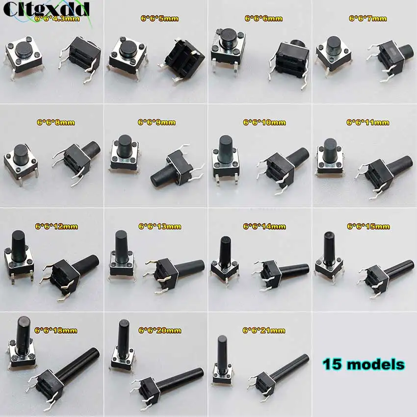 

Cltgxdd 15 моделей 6X6X5 6 7 8 - 18 мм тактильный переключатель кнопочный переключатель 4PIN DIP 6*6 микропереключатель для ТВ-игрушек кнопка для домашнего...