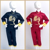 traditional chinese kung fu outfit embroidery dragon kids boys tang suit satin clothes set long sleeve top pants tai chi costume