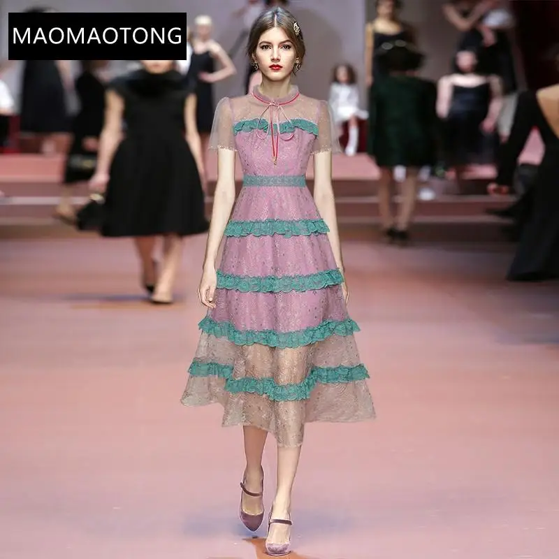 

Fashion Runway Designer Summer Mesh Dress Women's Short Sleeve Lace Splicing Ruffle Elegant Party Midi Dress