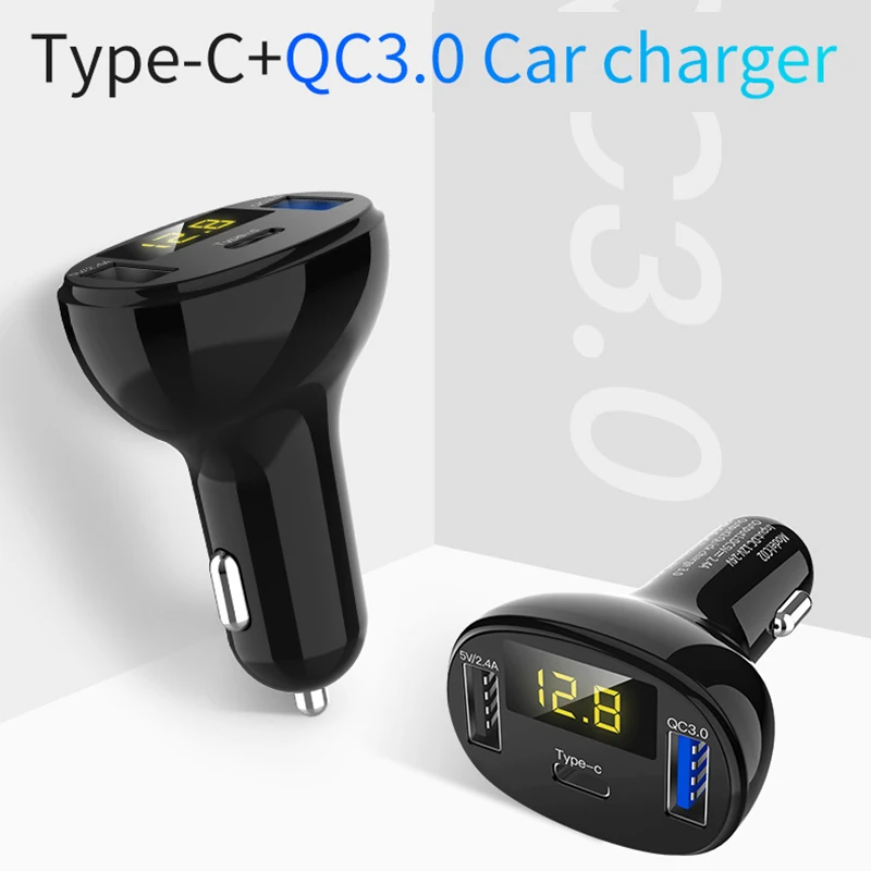 Зарядное устройство типа C быстрое USB Автомобильное зарядное цифровой дисплей QC 3