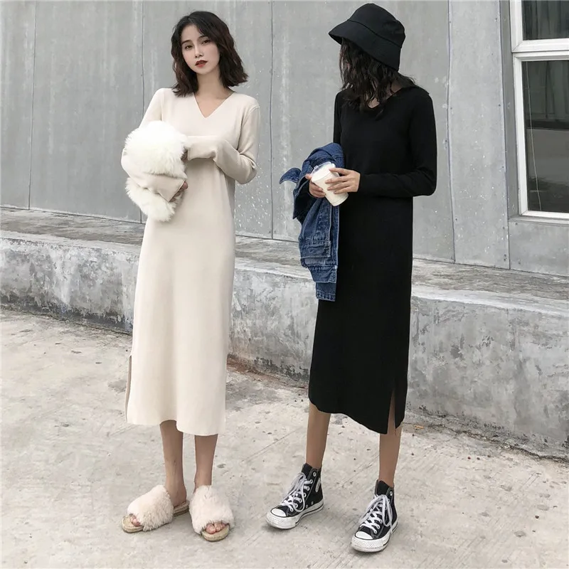 Негабаритный корейский вязаный длинный v-образный Вырез Свободный Боковой