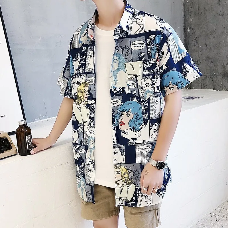 

High Street Summer Mens Short Sleeve Cartoon Printing Top Korean Fashion Casual Slim Single Breasted Open Stitch Shirts