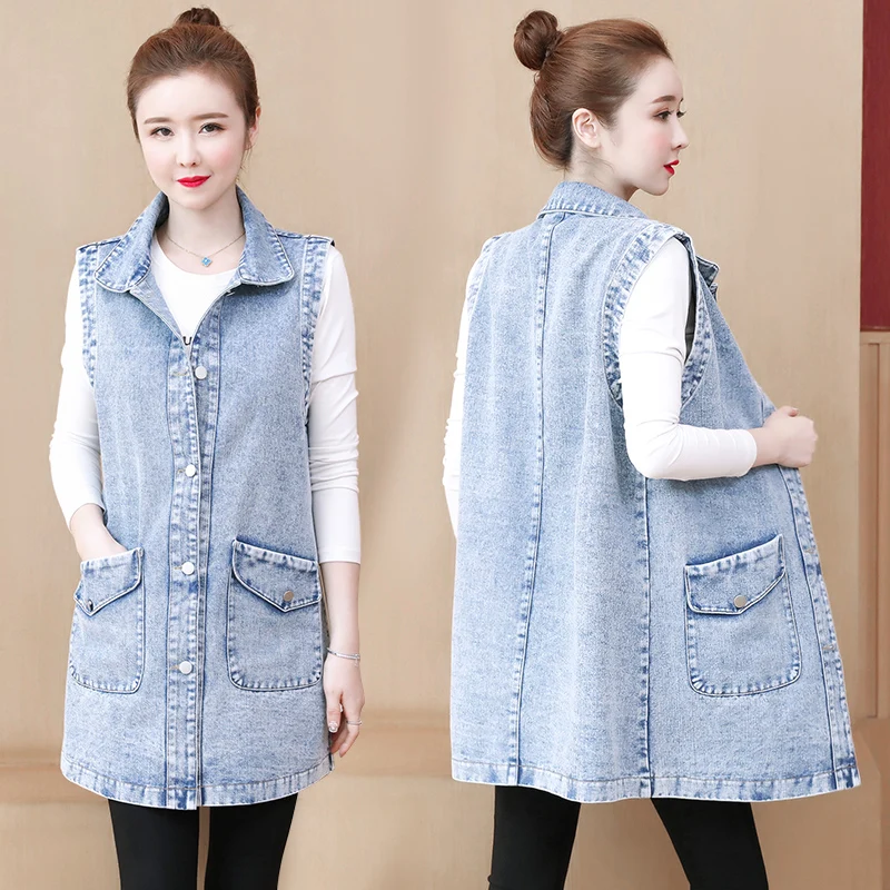 

Hodisytian Women Denim Vest Patchwork Jaqueta Coat Long Jeans Jacket Casual Tops Outerwear Cardigans Casaco Female Plus Size