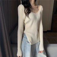 solid knit sweater womens v neck sweater long sleeve pullover female big neck slit base sweater pit cloth crop top dropshipping