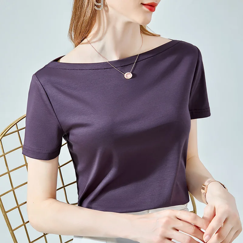 

Повседневная Женская футболка из мерсеризованного хлопка с коротким рукавом, приятная на ощупь, элегантная однотонная блузка с одной горло...