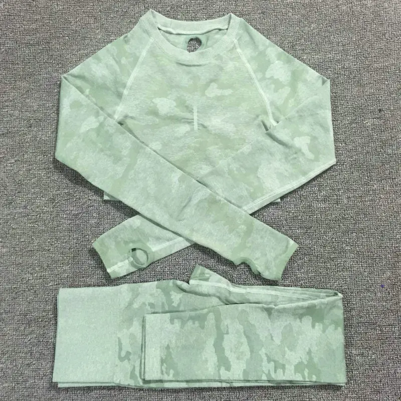 Green Set 2 шт./компл. камуфляж Йога Комплект Для женщин бесшовные Фитнес Йога бюстгальтер спортивный бюстгальтер Высокая Талия тренажерный зал камуфляжной расцветки, легинсы, штаны для фитнеса костюмы тренировки - Цвет: Green Set