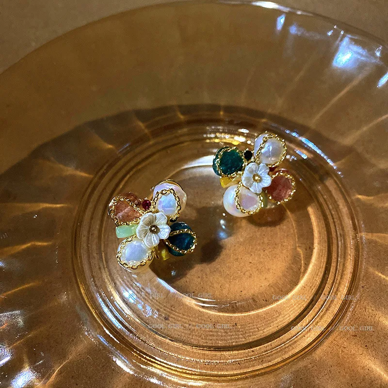 

925 Silver Needle Personality Sweet Gem Flower Earrings Retro Temperament Korea East Gate Diamond Female