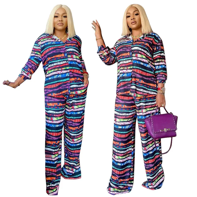 

Color Striped Printing Women Shirt Two Piece Sets Lady's Fashion Turn-down Collar Single-breasted Blouse Loose Pants Outfits