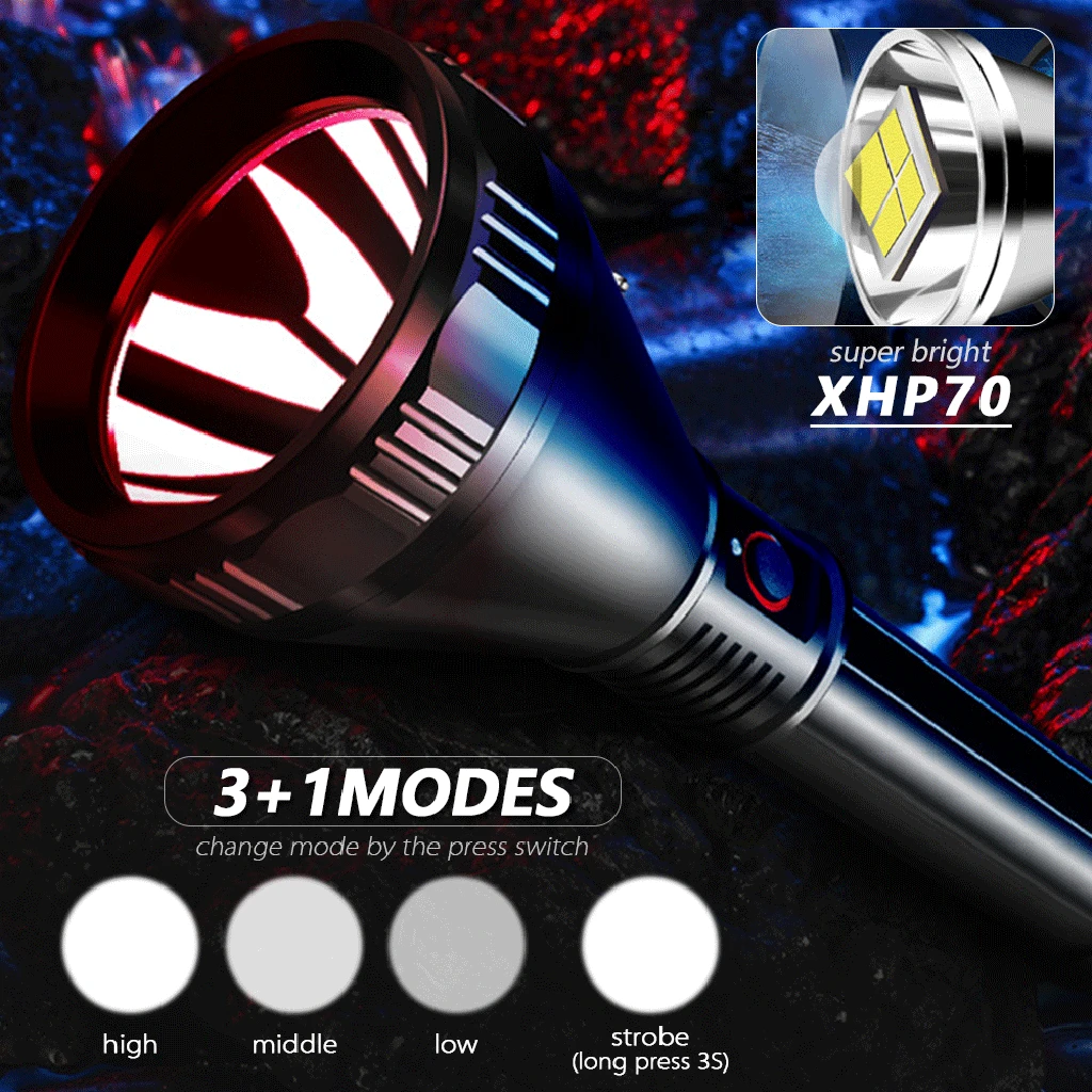 Мощный светодиодный фонарик XHP50/70 с USB зарядкой перезаряжаемый 4 режима 26650