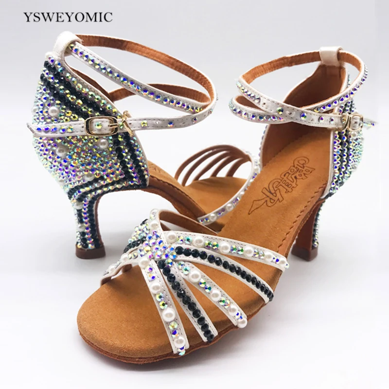 Блестящие женские туфли для латиноамериканской бачаты с жемчугом Красочные