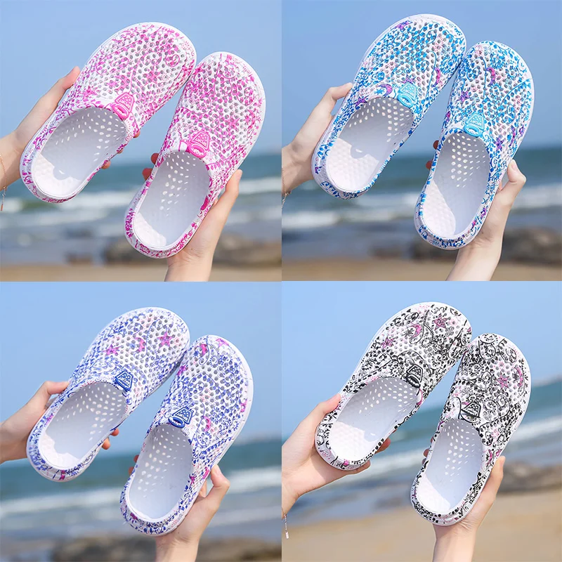 

Summer Women's Shoes Soft Flat Bottom Beach Sandals Hollow Slippers Fashion Printing Mules Male Non-slip Clogs Shoes
