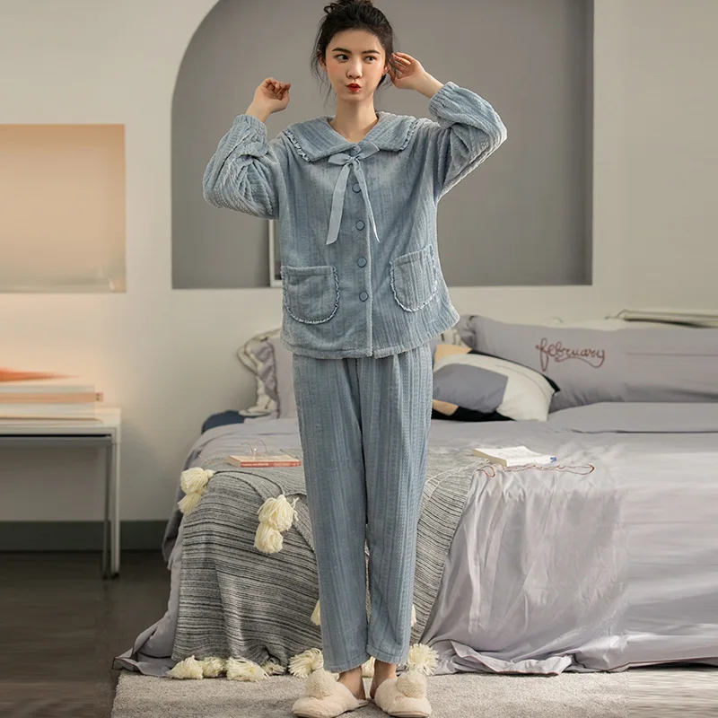 Flannel Pajamas Women Thicken Keep Warm Winter Tracksuit Korean Girls Outside Wear Coral Velvet Suits Sleepwear Two Piece Set
