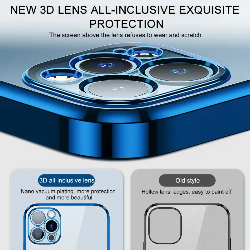 Luxury Plating Square Frame Silicone Transparent Case on For iPhone 11 12 13 14 Pro Max Mini X XR 7 8 Plus SE 3 Clear Back Cover