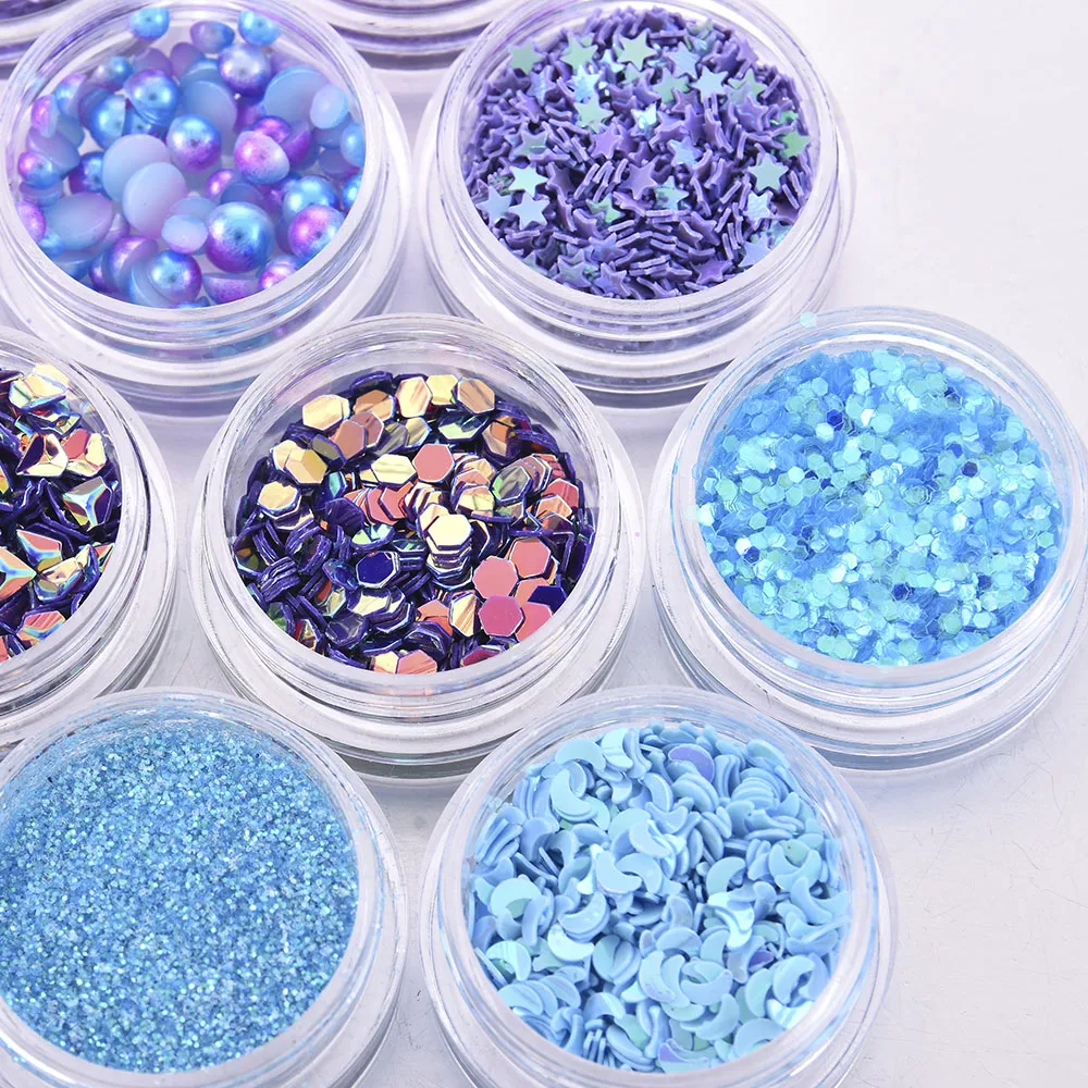 

12 Pots/Set Nail Art Design Mermaid Half Pearls Star Laser Sequins Glitter Rhinestone Gem Decorations Diamond Makeup Eye Sticker