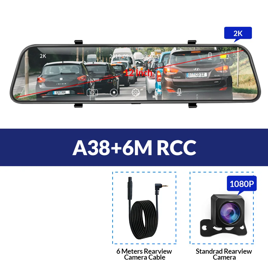 E-ACE A38 Автомобильный видеорегистратор 1" Сенсорное зеркало заднего вида 2K Dashcam с камерой заднего вида FHD 1080P Автомобильная камера с двумя объективами видео Dvr рекордер - Название цвета: A38-6M RCC