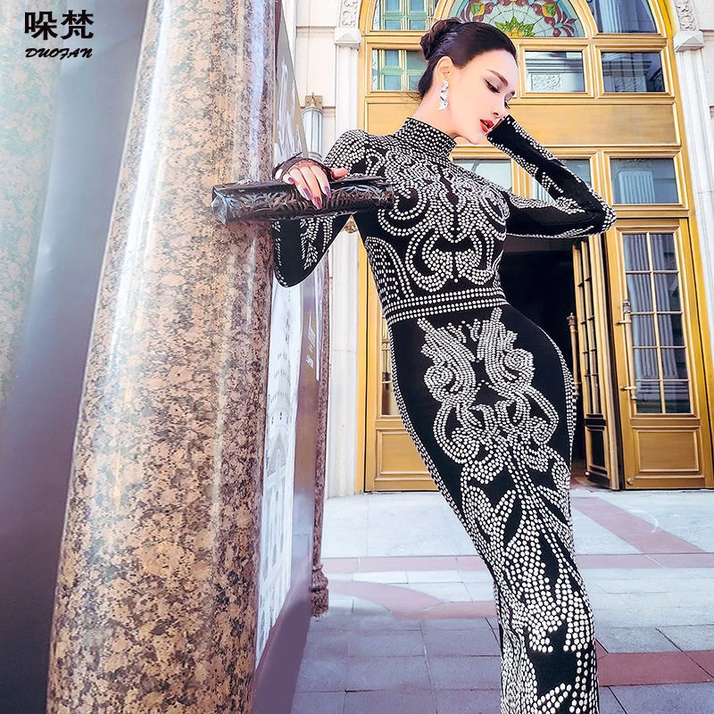 

DUOFAN Sexy Turtleneck Slim Dress Women Long Dresses Elegant Bodycon Long Sleeve Spring Dot Print Dress Autumn Lady Clothes