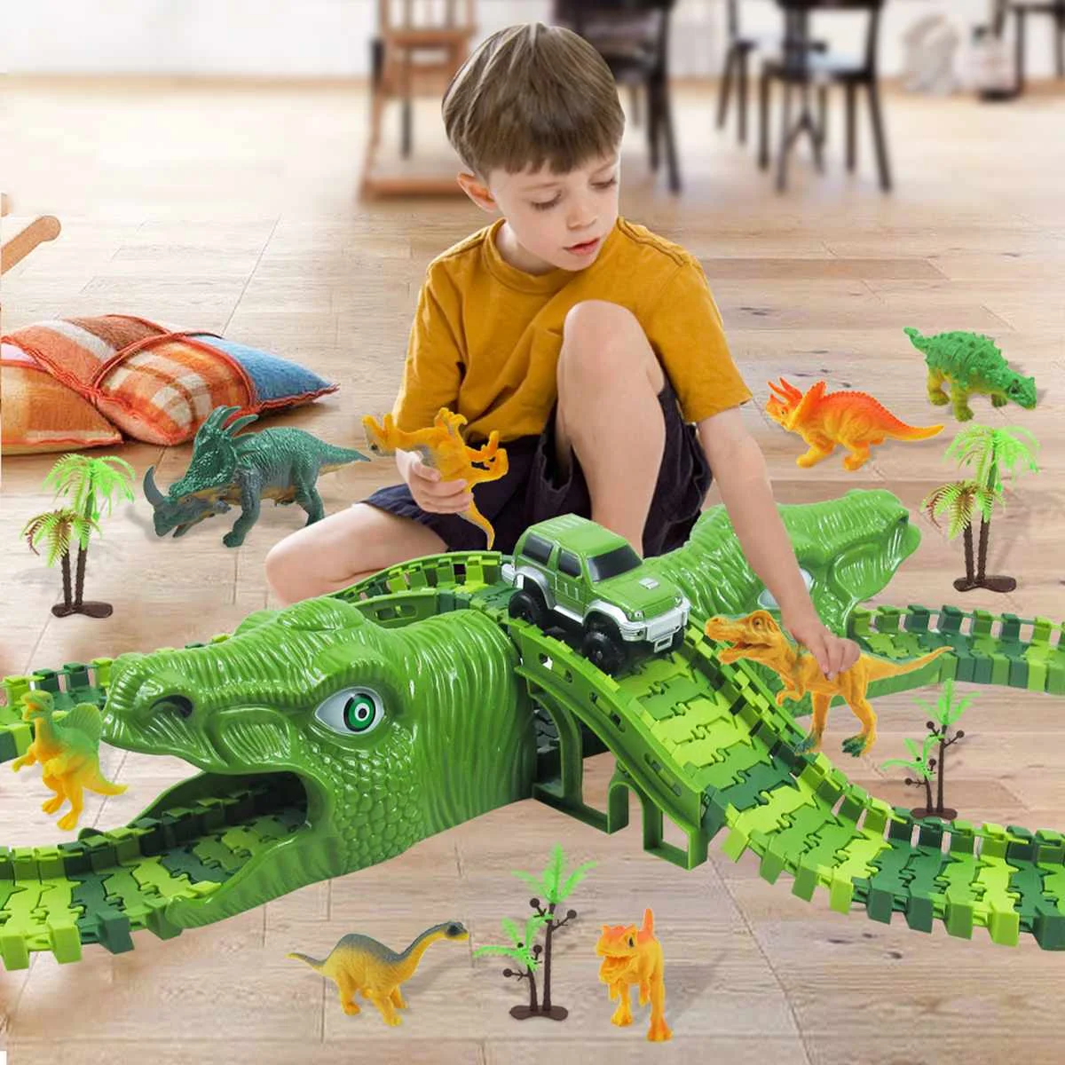 

153 PCS Simulation Original Dinosaur Era Track Racing DIY Building Blocks Assembled Electric Roller Coaster Toy for Children