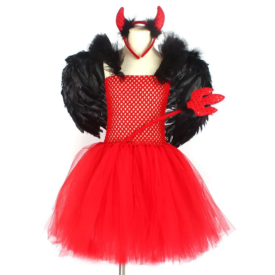 Halloween Costume Dress For Girls Baby Red Devil TUTU with Wing Fancy Dressing Up Girl Cosplay Outfits Ball Gown Photo Props |