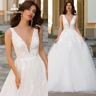 Белое свадебное платье в стиле бохо 2022 с V-образным вырезом, кружевной аппликацией и открытой спиной, тюлевые трапециевидные платья принцессы с открытой спиной, свадебные платья