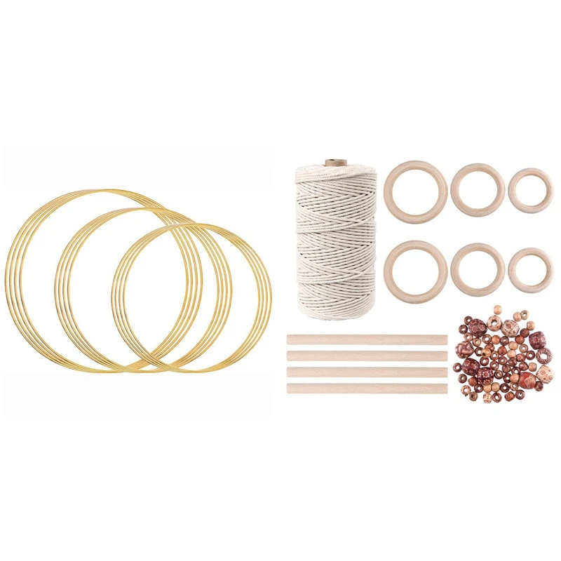 

3mm Macrame Cord with 60 Pcs Wood Beads 6Pcs Wood Ring and 4Pcs Wooden Stick with 12Pcs Rings Hoops Macrame Ring