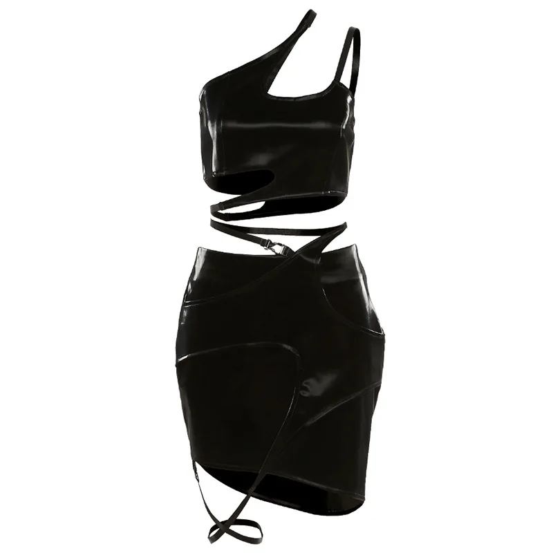 

Сексуальный готический стиль, Женский Y2k E-girl, ажурный топ на 1 плечо, мини-юбка в стиле Харадзюку с высокой талией, асимметричный комплект из 2...