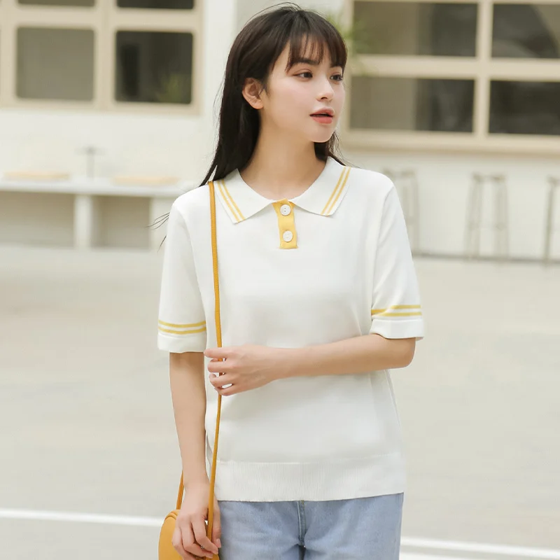 

Polo Khaki 2021 Summer New Student Short Sleeve Ice Silk Sweater Polo Girl Mixed Color Stripe Loose T-shirt Fashion