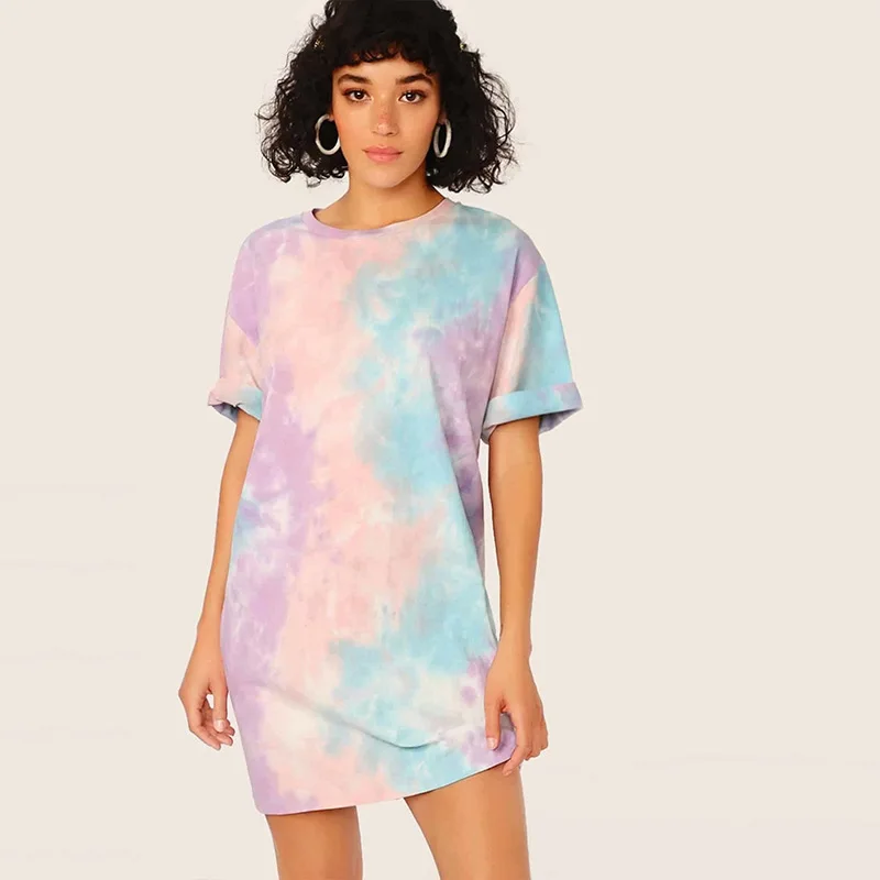 

2021 summer new style tie-dye round neck mid-length short-sleeved casual home style cotton ladies dress