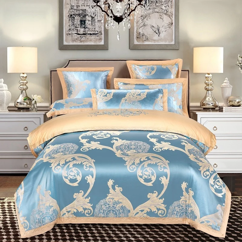 

4 Pieces Sateen Cotton Jacquard Duvet Cover Sets Delicate Floral Pattern Bedding Sets Duvet Cover Flat Sheet and 2 Pillowcase