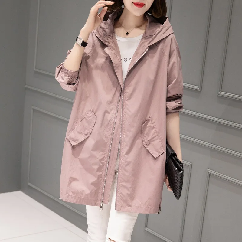 

Autumn Solid Hooded Midi Long Women Trench Coats Zipper Jackets Hoodies Fashion Casual Female Windbreaker Streetwear Cardigans