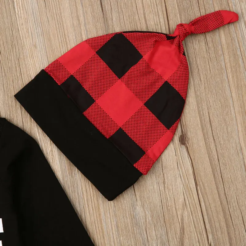 New 4Pcs Xmas Kid Baby Boy Girl Clothes Plaid Romper/T-Shirt+Pants Hat Outfit Set | Детская одежда и обувь