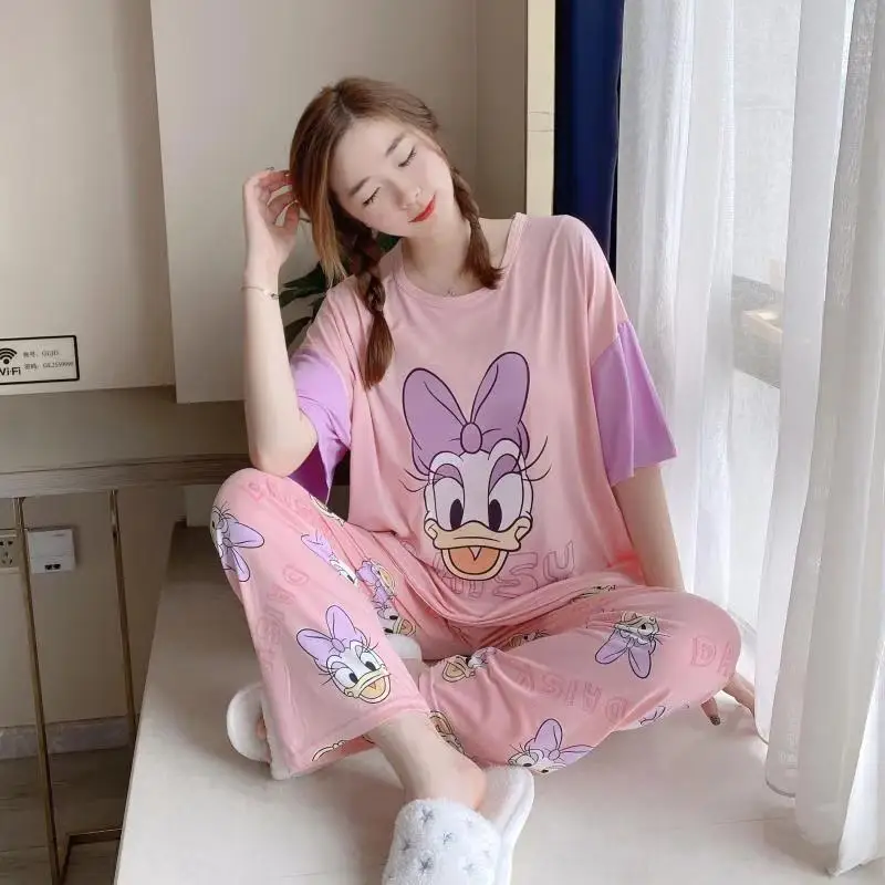 

Disney Pajamas Cartoon New Short-Sleeved Trousers Pajamas Purple Daisy Mickey Anime Plus Loose Home Service Suit