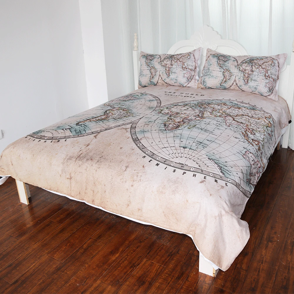BeddingOutlet World Map Bedding Set Geography Duvet Cover Set Vintage Hemisphere Map Home Textiles Brown Blue Bedclothes 3pcs