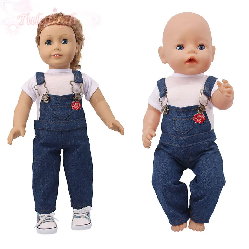 

2021 новая кукла одежда белая футболка джинсовые штаны с подтяжками подходит 18 дюймов American & 43 см для ухода за ребенком для мам Одежда для ново...