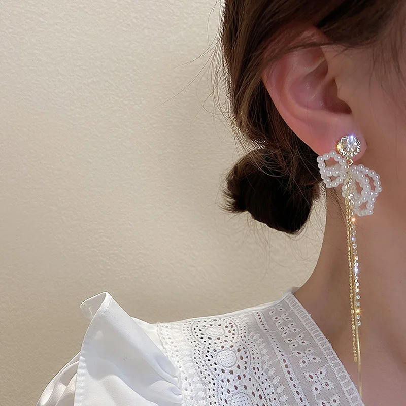 

Diamond-Studded Pearl Long Tassel Earrings Korea Simple Temperament Fashion Fairy Personality Light Luxury Jewelry Accessories