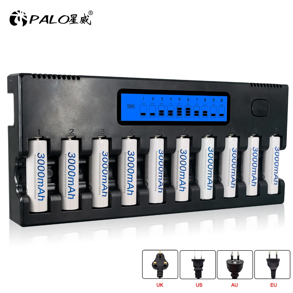 

PALO 10 Slots AA Rechargeable Battery Charger LCD display smart fast charger for 1.2V AA Ni-MH Ni-CD rechargeable batteries