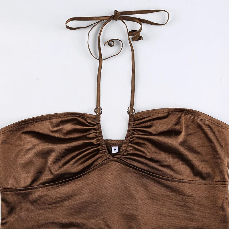 

Brown Sexy Bandage Halter Crop Tops for Women Sleeveless Backless Club Party Chic Wrap Cropped Top Slim Streetwear Summer 2021