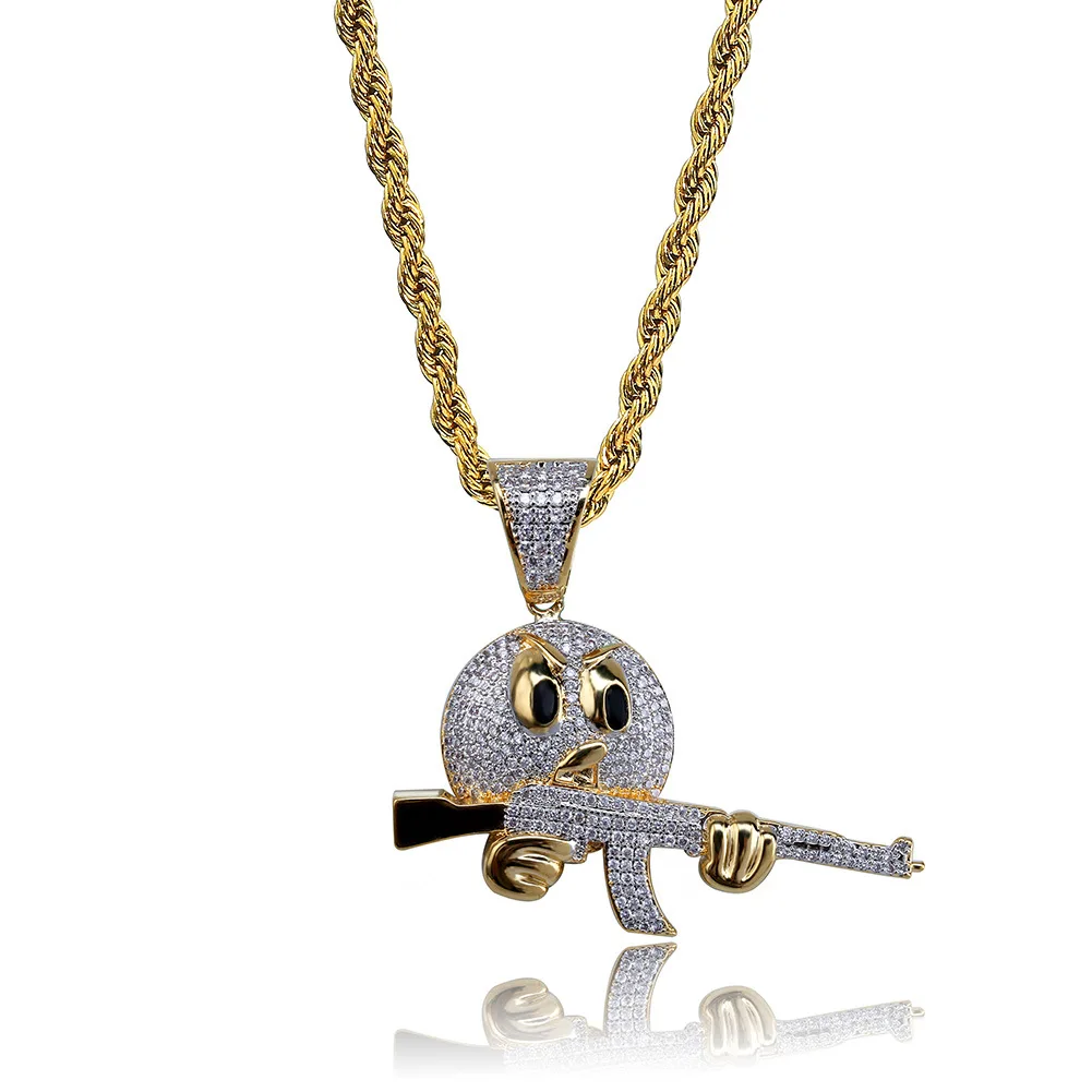 

Cartoon Expression Holding Gun Personality Pendant Set Zircon Hip-Hop Two-Color Necklace Jewelry Cross-Border Manufacturers
