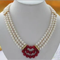 luck smart wedding jewelry new style real pearl necklace 3 row white round freshwater pearl red coral necklace nice women gift