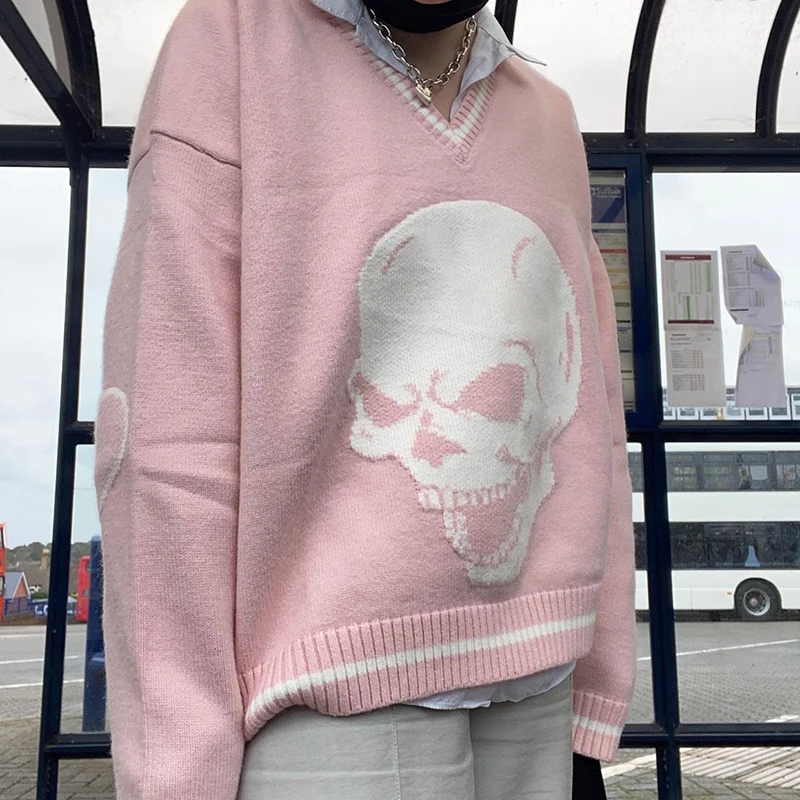 

Streetwear Gothic Skull Print Autumn Winter Woman Sweaters Fashion Loose Y2K Pullover Harajuku Knitted Sweater Ladies Pull Femme