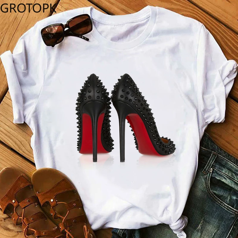 Футболка женская розовая на высоком каблуке Роскошный топ с коротким рукавом в