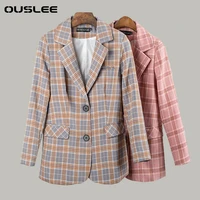 ouslee women fashion plaid blazer long sleeve double breasted pink office double breasted slim fitting houndstooth blazer