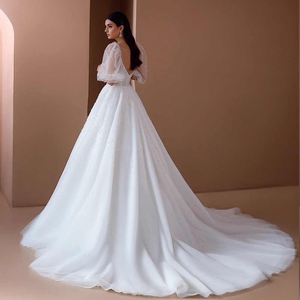 

Роскошное Свадебное платье, элегантное многослойное белое кружевное платье с V-образным вырезом, бусинами и кристаллами в виде листьев лото...